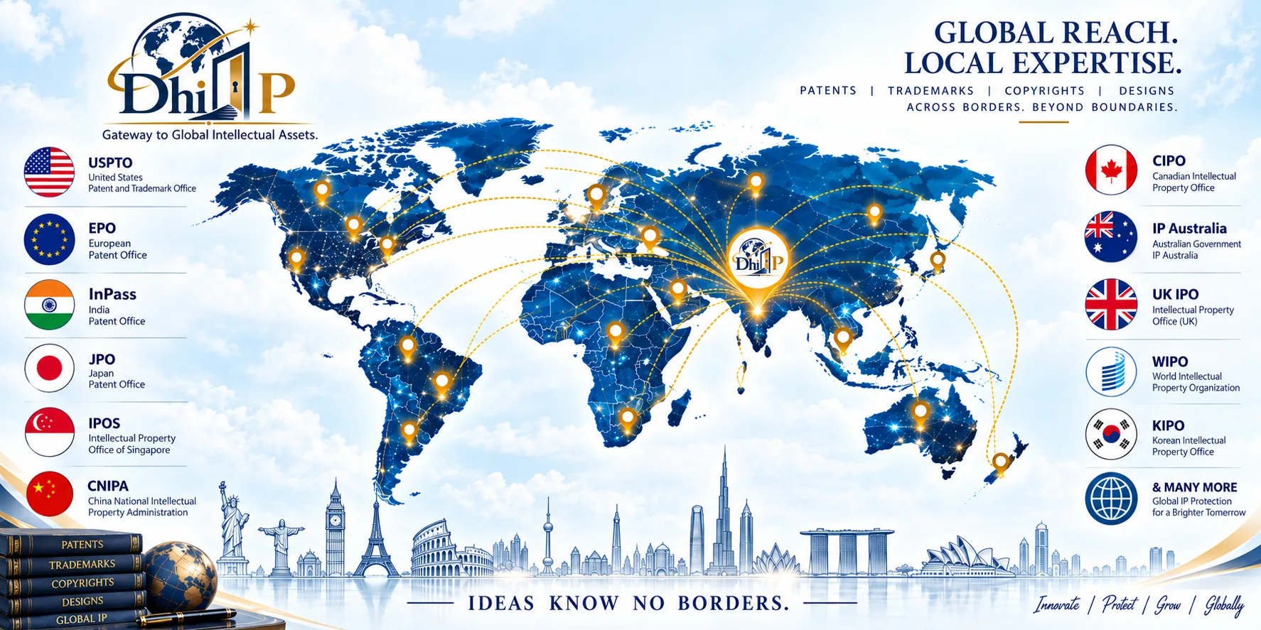 Global map showing the intellectual property offices DHI IP files with worldwide