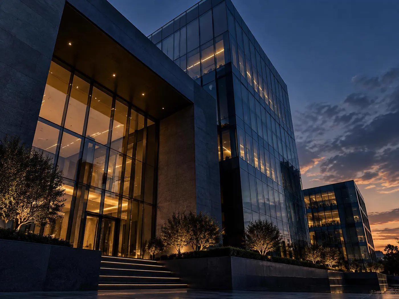 Contemporary corporate architecture at dusk