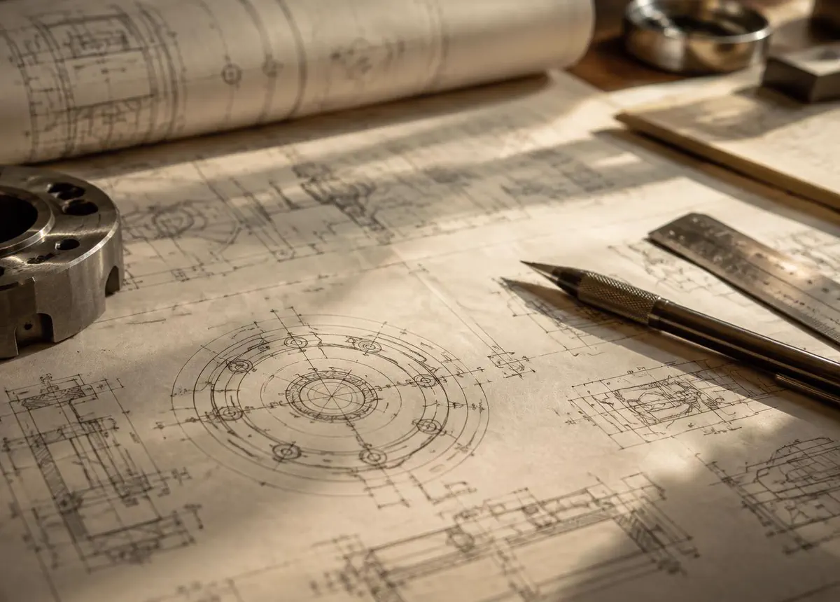Technical drawings and drafting instruments on a working desk